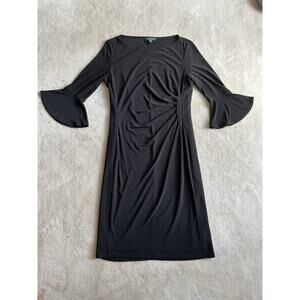 Lauren Ralph Lauren Dress Womens 6 Black Faux Wrap Bell 3/4 Sleeve